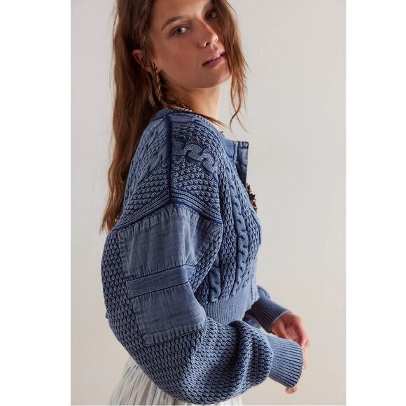 Free People Patchwork Chunky Cable Knit Heritage Cardi Cardigan Sweater Size XL - Picture 6 of 14